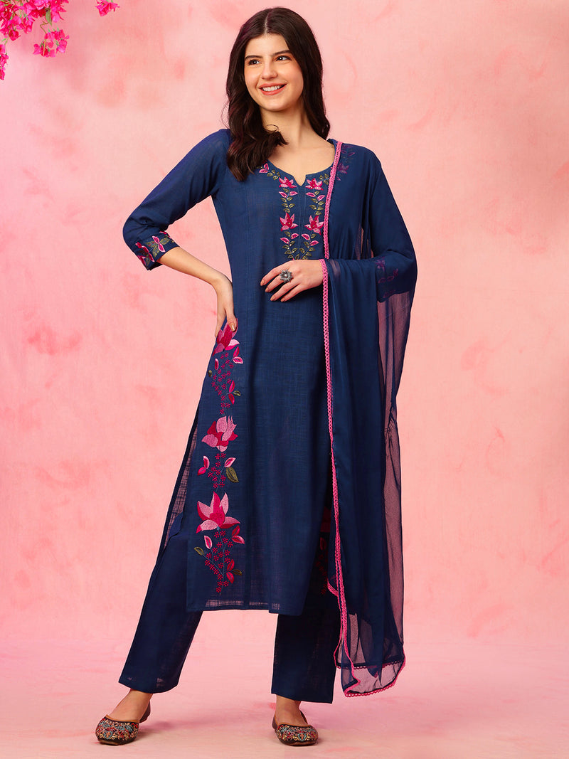 EthniFlair Floral Embroidered Aari Work Kurta With Trousers And Dupatta