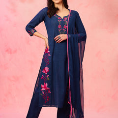 EthniFlair Floral Embroidered Aari Work Kurta With Trousers And Dupatta