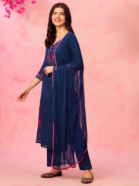 EthniFlair Floral Embroidered Aari Work Kurta With Trousers And Dupatta