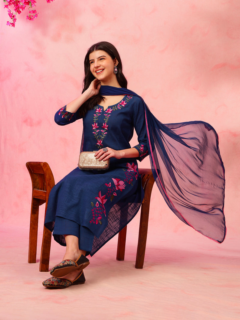 EthniFlair Floral Embroidered Aari Work Kurta With Trousers And Dupatta