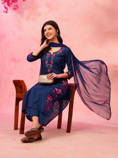 EthniFlair Floral Embroidered Aari Work Kurta With Trousers And Dupatta