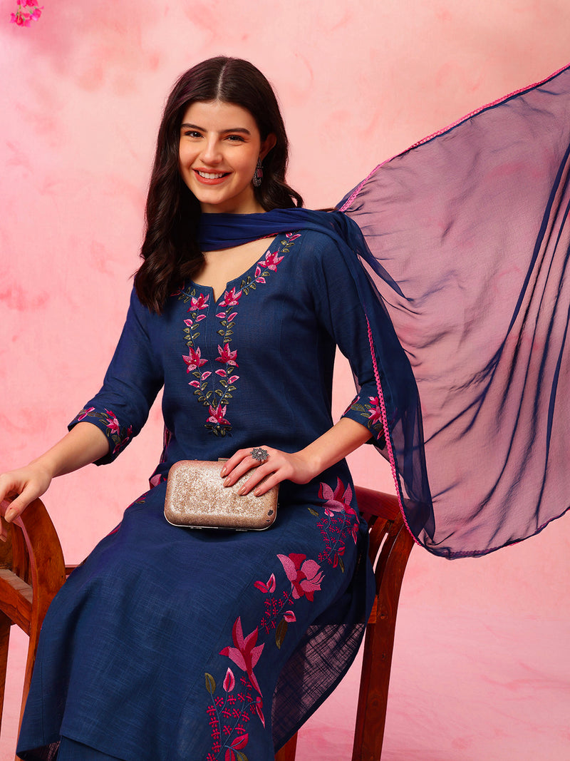 EthniFlair Floral Embroidered Aari Work Kurta With Trousers And Dupatta