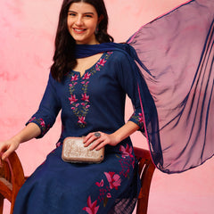EthniFlair Floral Embroidered Aari Work Kurta With Trousers And Dupatta