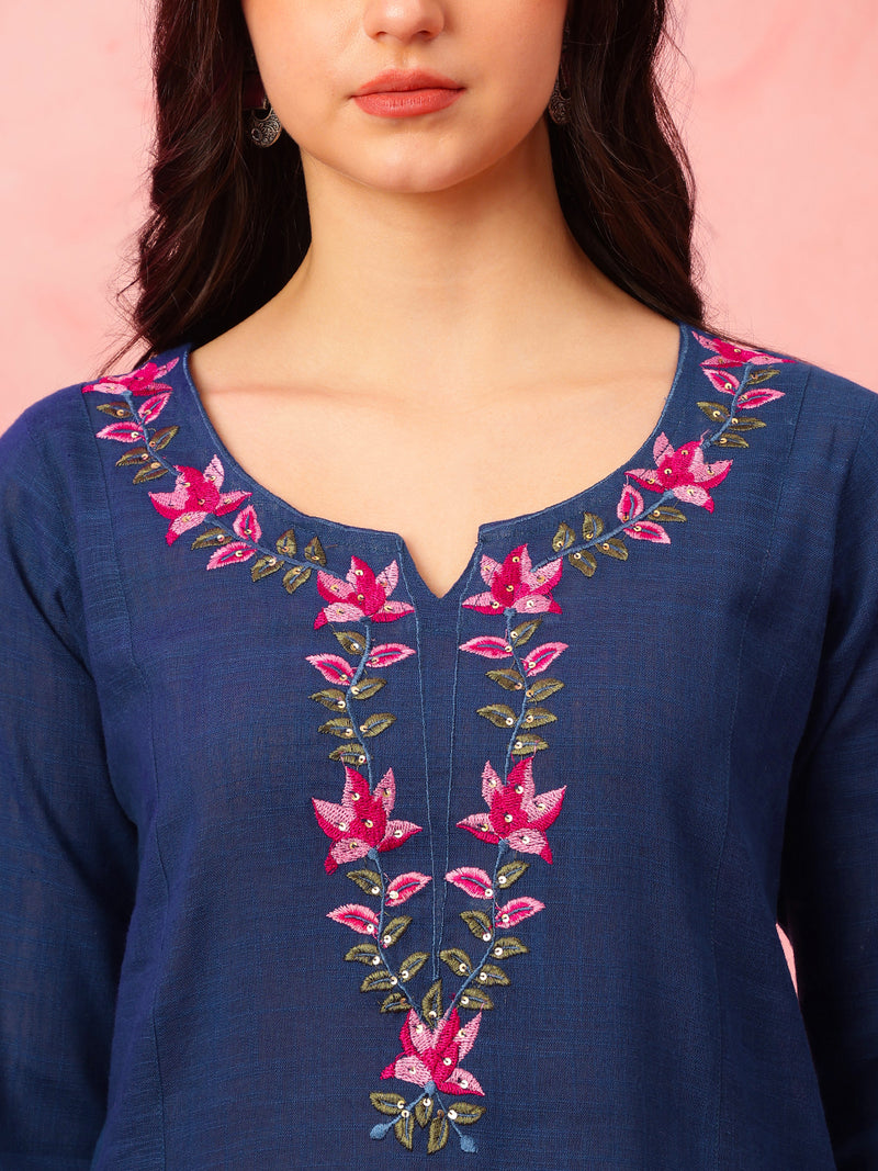 EthniFlair Floral Embroidered Aari Work Kurta With Trousers And Dupatta