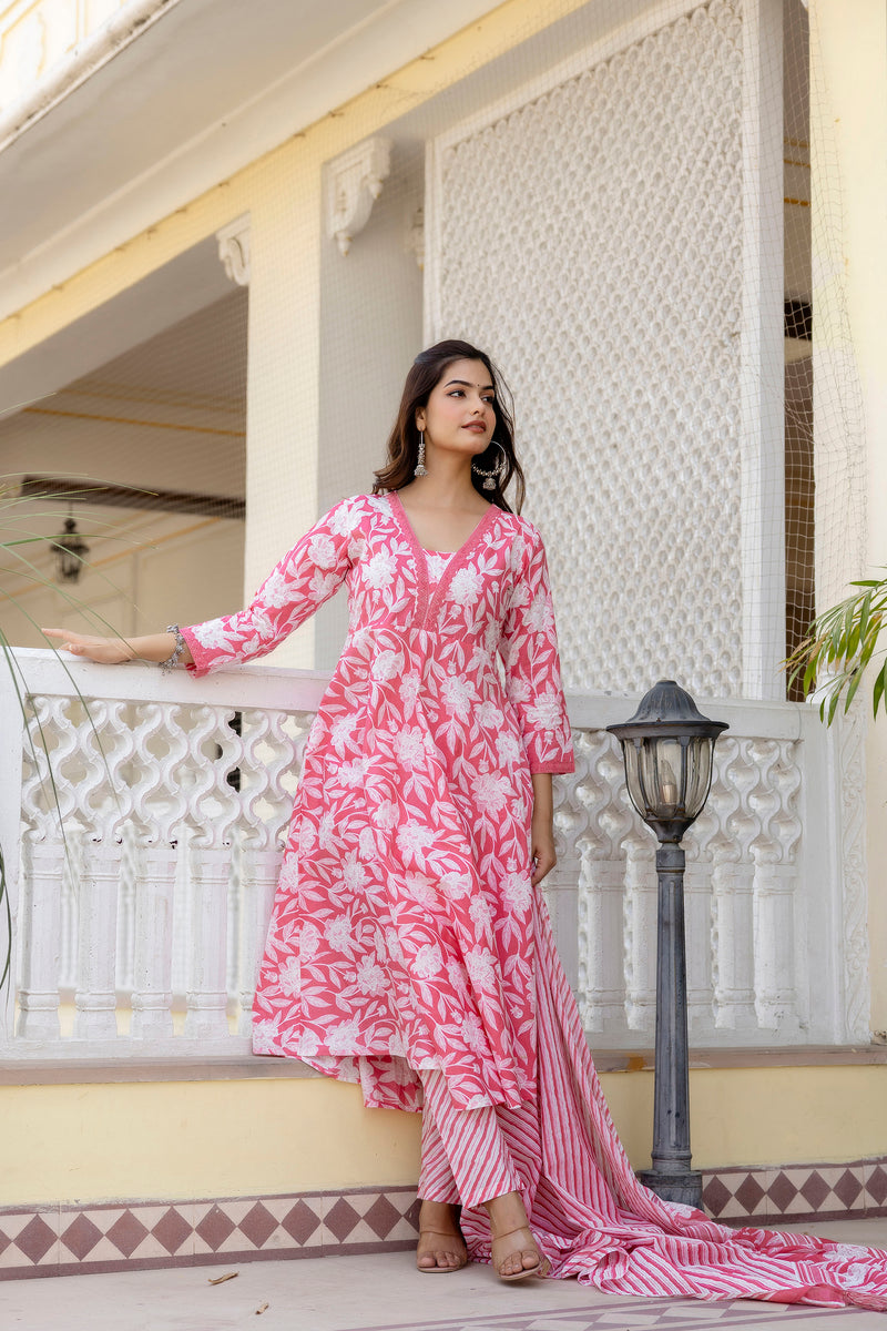 EthniFlair Floral Printed Empire Kurta with Pyjamas & Dupatta