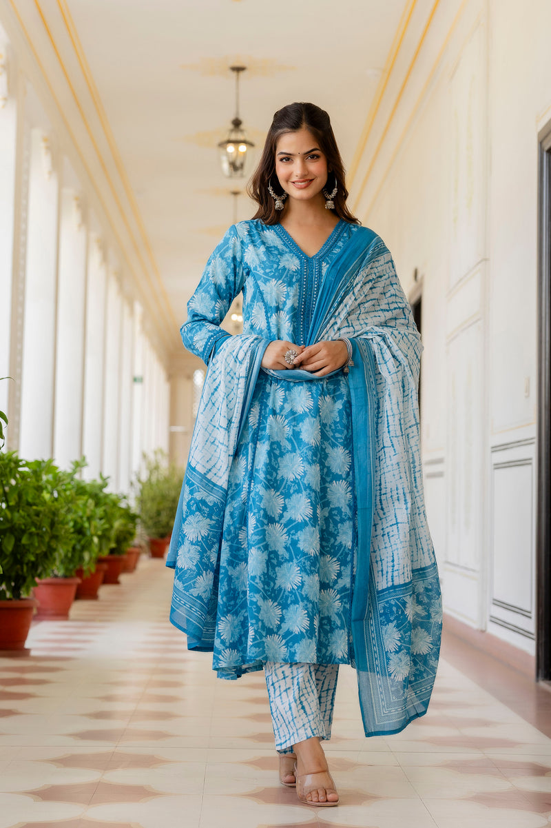 EthniFlair Floral Printed Aari Work Kurta with Trousers & Dupatta