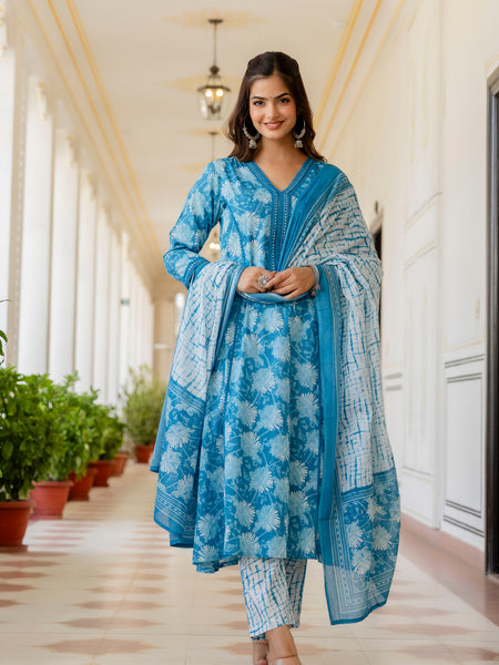 EthniFlair Floral Printed Aari Work Kurta with Trousers & Dupatta