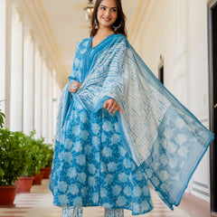 EthniFlair Floral Printed Aari Work Kurta with Trousers & Dupatta