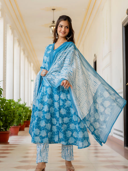 EthniFlair Floral Printed Aari Work Kurta with Trousers & Dupatta