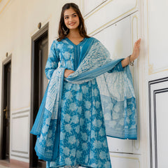 EthniFlair Floral Printed Aari Work Kurta with Trousers & Dupatta