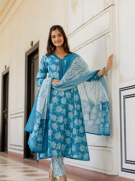 EthniFlair Floral Printed Aari Work Kurta with Trousers & Dupatta