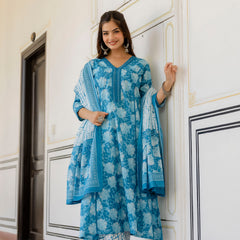 EthniFlair Floral Printed Aari Work Kurta with Trousers & Dupatta