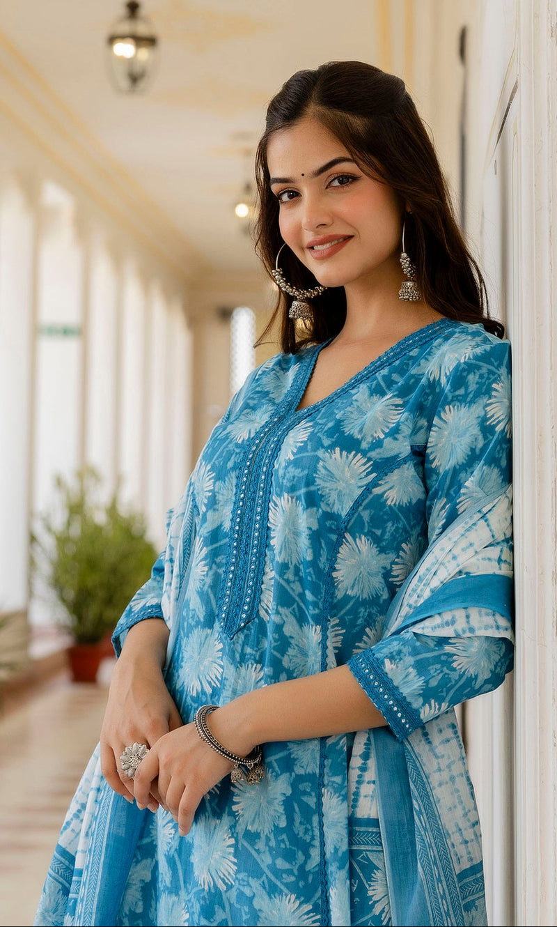 EthniFlair Floral Printed Aari Work Kurta with Trousers & Dupatta