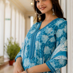 EthniFlair Floral Printed Aari Work Kurta with Trousers & Dupatta