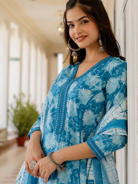 EthniFlair Floral Printed Aari Work Kurta with Trousers & Dupatta