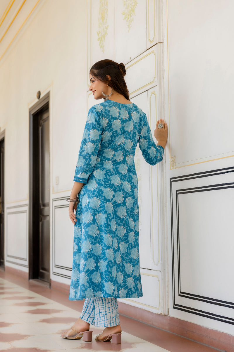EthniFlair Floral Printed Aari Work Kurta with Trousers & Dupatta