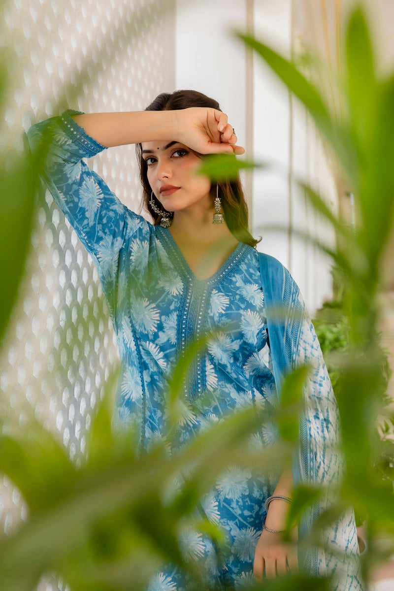 EthniFlair Floral Printed Aari Work Kurta with Trousers & Dupatta