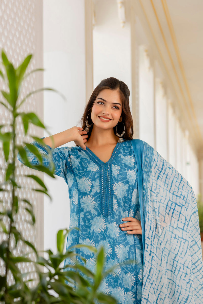 EthniFlair Floral Printed Aari Work Kurta with Trousers & Dupatta