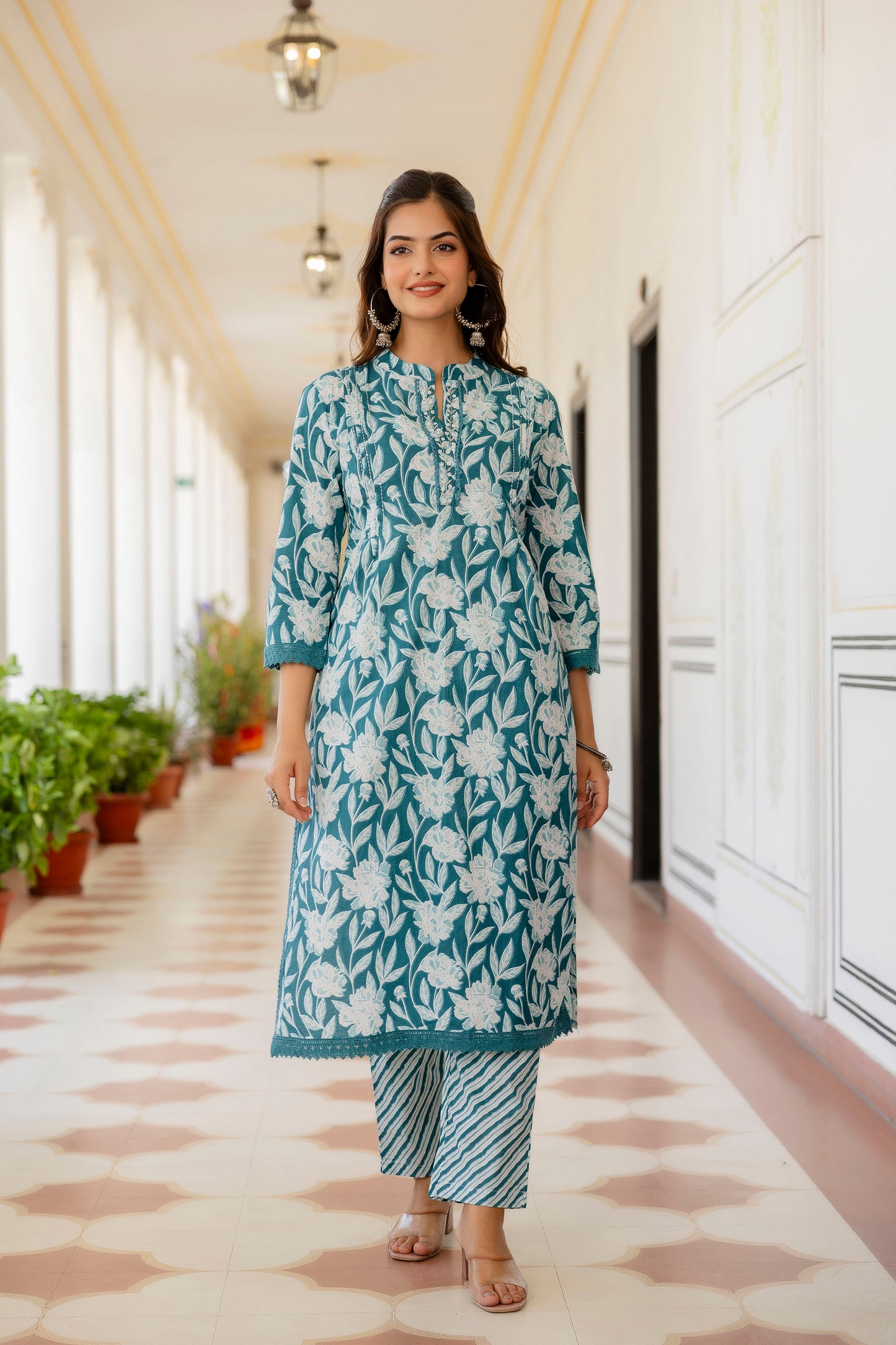 EthniFlair Women Floral Printed Regular Aari Work Pure Cotton Kurta with Trousers & With Dupatta