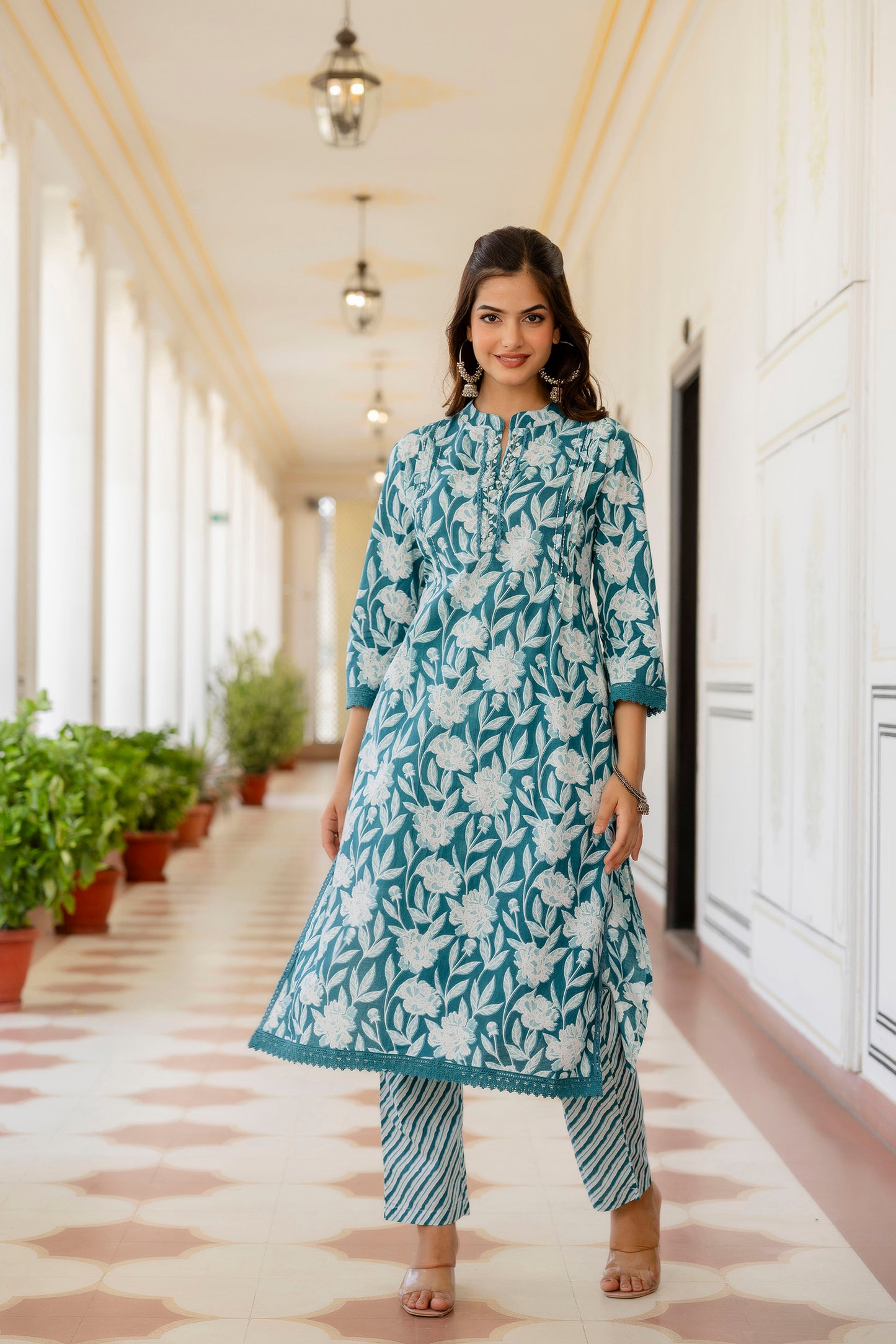 EthniFlair Women Floral Printed Regular Aari Work Pure Cotton Kurta with Trousers & With Dupatta