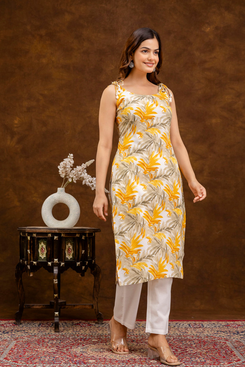 EthniFlair Floral Printed Shoulder Strap Sleeveless Straight Kurta