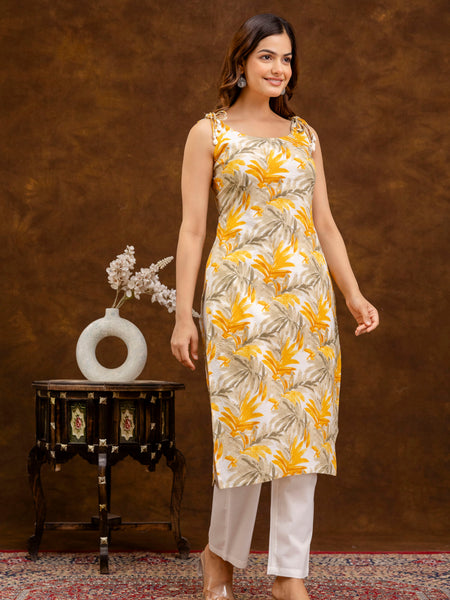 EthniFlair Floral Printed Shoulder Strap Sleeveless Straight Kurta