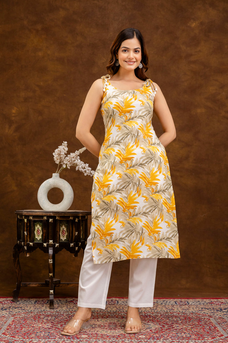 EthniFlair Floral Printed Shoulder Strap Sleeveless Straight Kurta