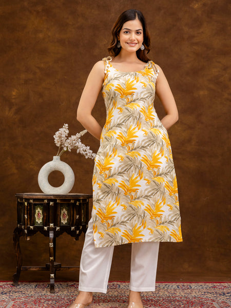 EthniFlair Floral Printed Shoulder Strap Sleeveless Straight Kurta