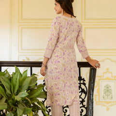 EthniFlair Floral Printed Aari Work Kurta with Trousers & Dupatta