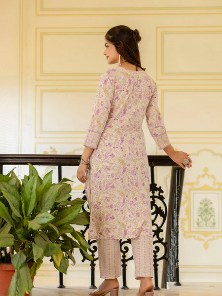 EthniFlair Floral Printed Aari Work Kurta with Trousers & Dupatta