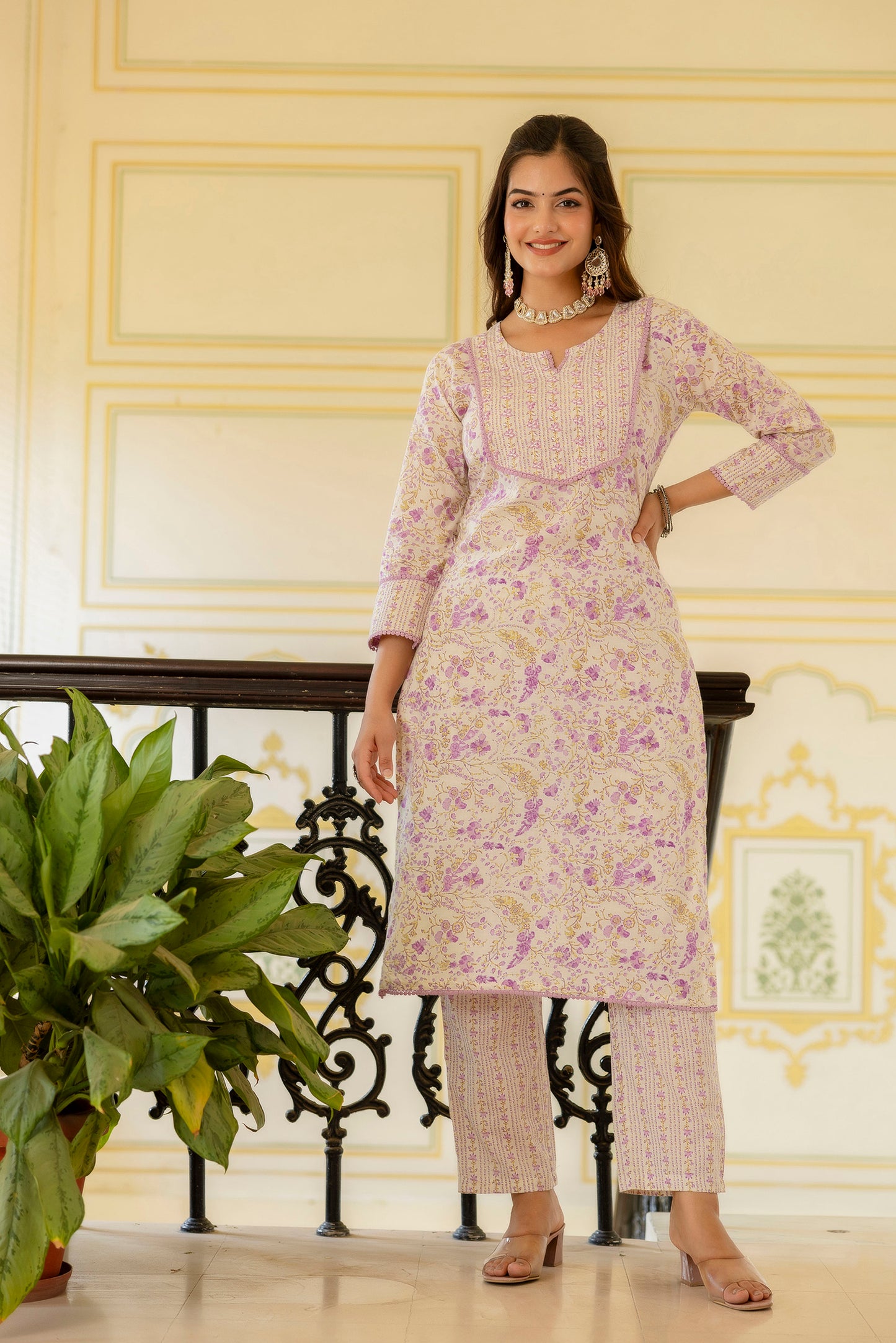 EthniFlair Women Floral Printed Regular Aari Work Pure Cotton Kurta with Trousers & With Dupatta