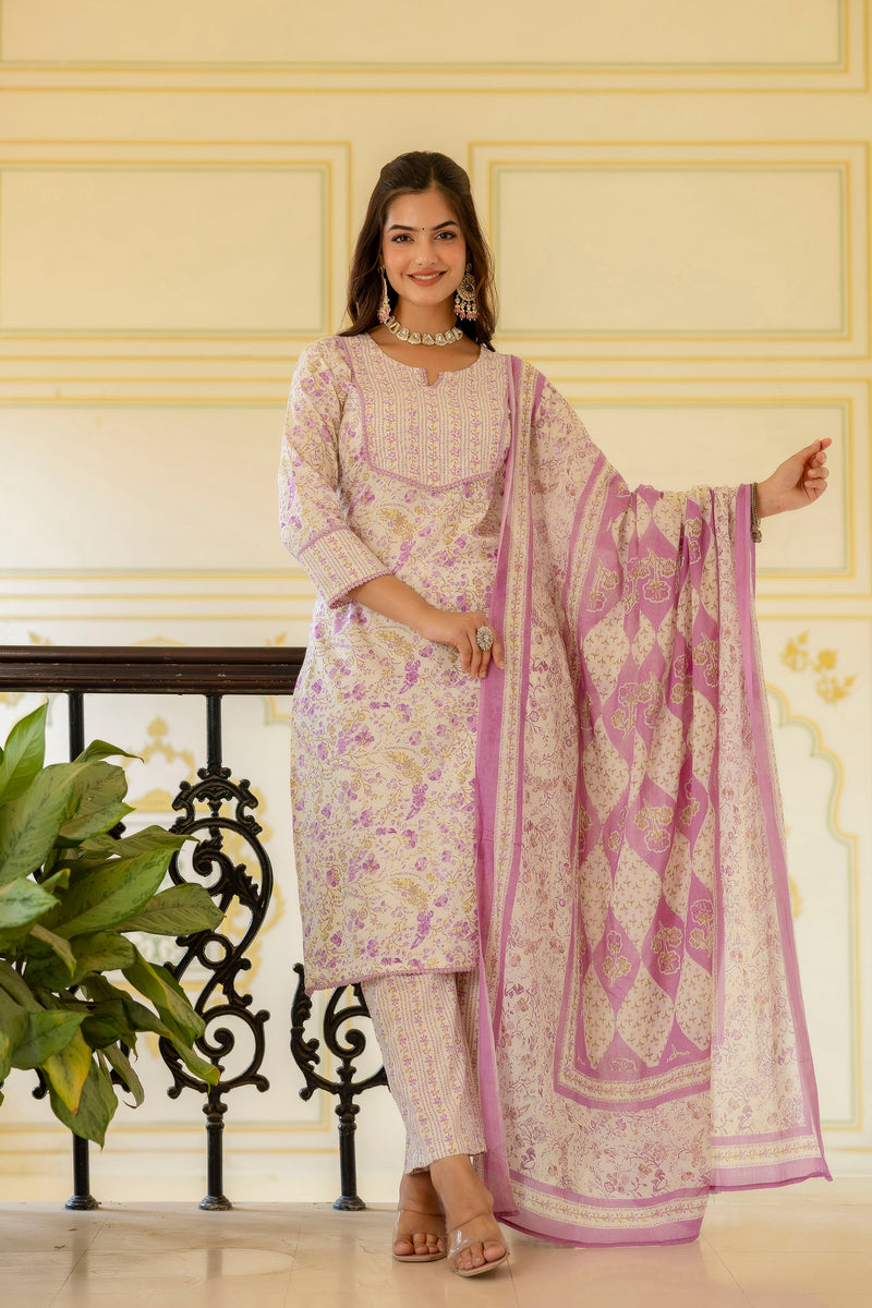 EthniFlair Floral Printed Aari Work Kurta with Trousers & Dupatta