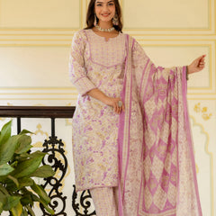 EthniFlair Floral Printed Aari Work Kurta with Trousers & Dupatta