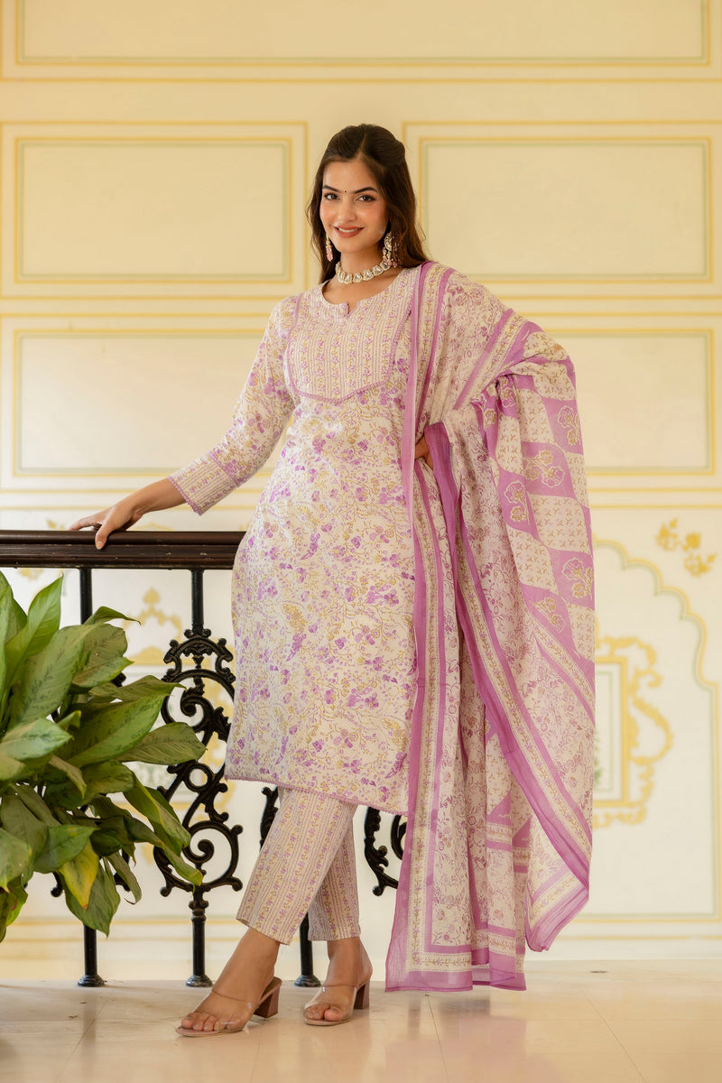 EthniFlair Floral Printed Aari Work Kurta with Trousers & Dupatta