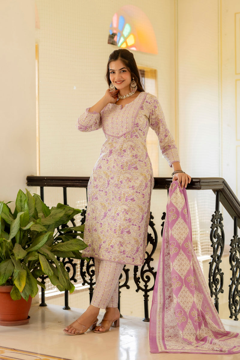 EthniFlair Floral Printed Aari Work Kurta with Trousers & Dupatta