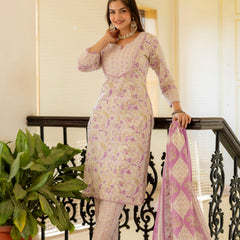 EthniFlair Floral Printed Aari Work Kurta with Trousers & Dupatta