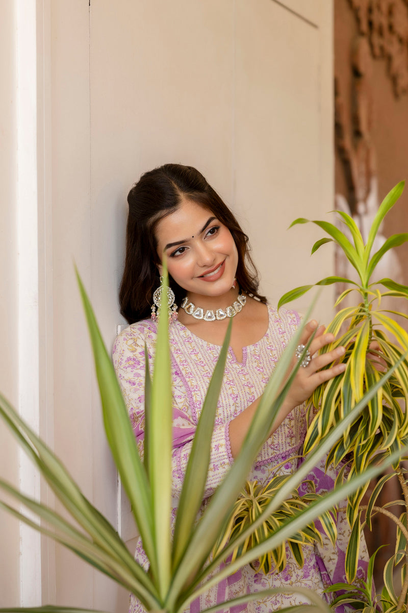 EthniFlair Floral Printed Aari Work Kurta with Trousers & Dupatta