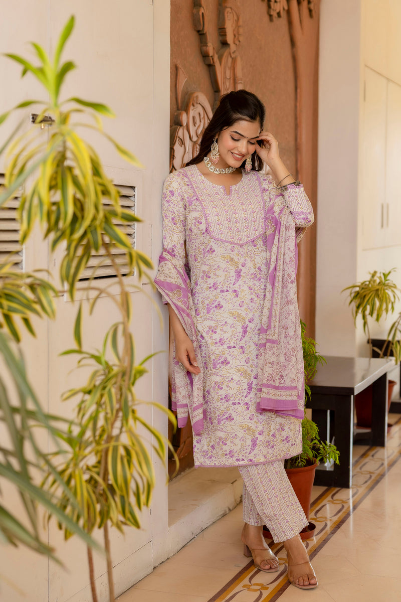 EthniFlair Floral Printed Aari Work Kurta with Trousers & Dupatta