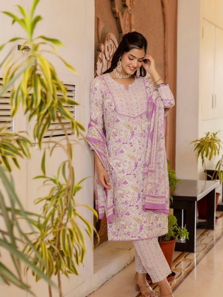 EthniFlair Floral Printed Aari Work Kurta with Trousers & Dupatta