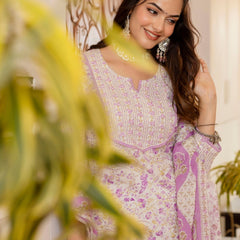 EthniFlair Floral Printed Aari Work Kurta with Trousers & Dupatta