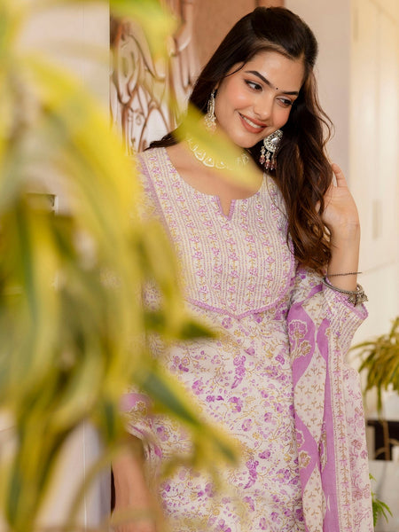 EthniFlair Floral Printed Aari Work Kurta with Trousers & Dupatta