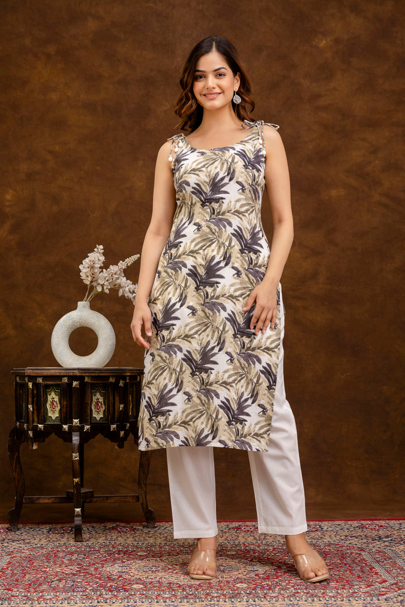 EthniFlair Floral Printed Shoulder Strap Sleeveless Straight Kurta