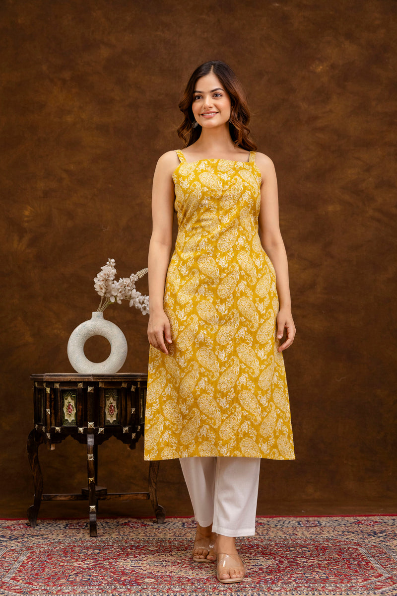 EthniFlair Paisley Printed Shoulder Straps Straight Kurta