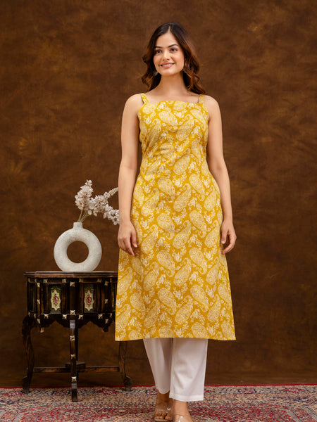 EthniFlair Paisley Printed Shoulder Straps Straight Kurta