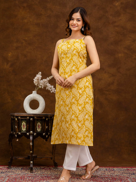 EthniFlair Paisley Printed Shoulder Straps Straight Kurta