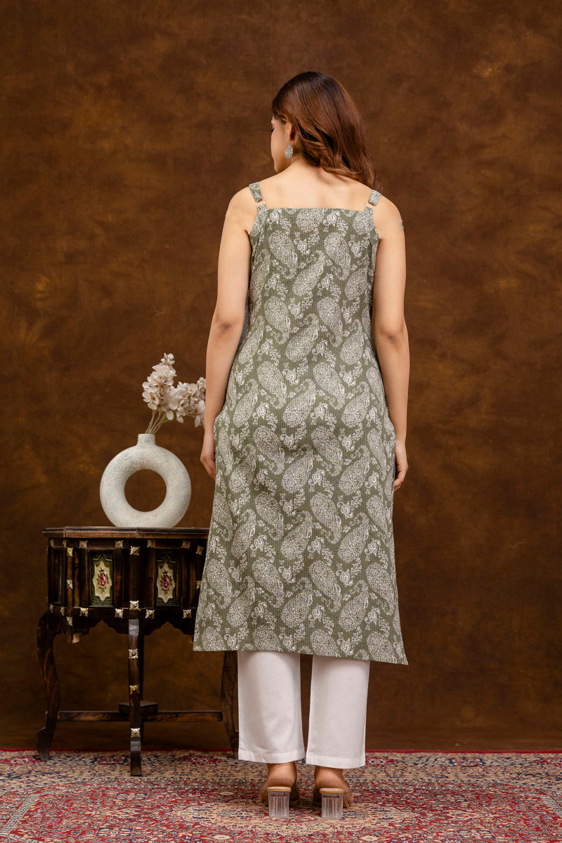 EthniFlair Paisley Printed Shoulder Straps Straight Kurta