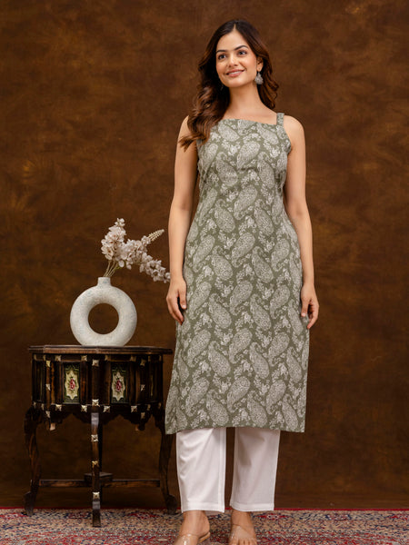 EthniFlair Paisley Printed Shoulder Straps Straight Kurta