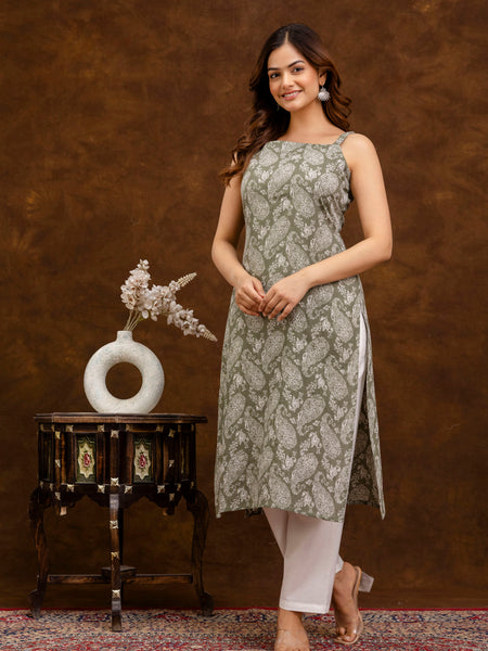 EthniFlair Paisley Printed Shoulder Straps Straight Kurta