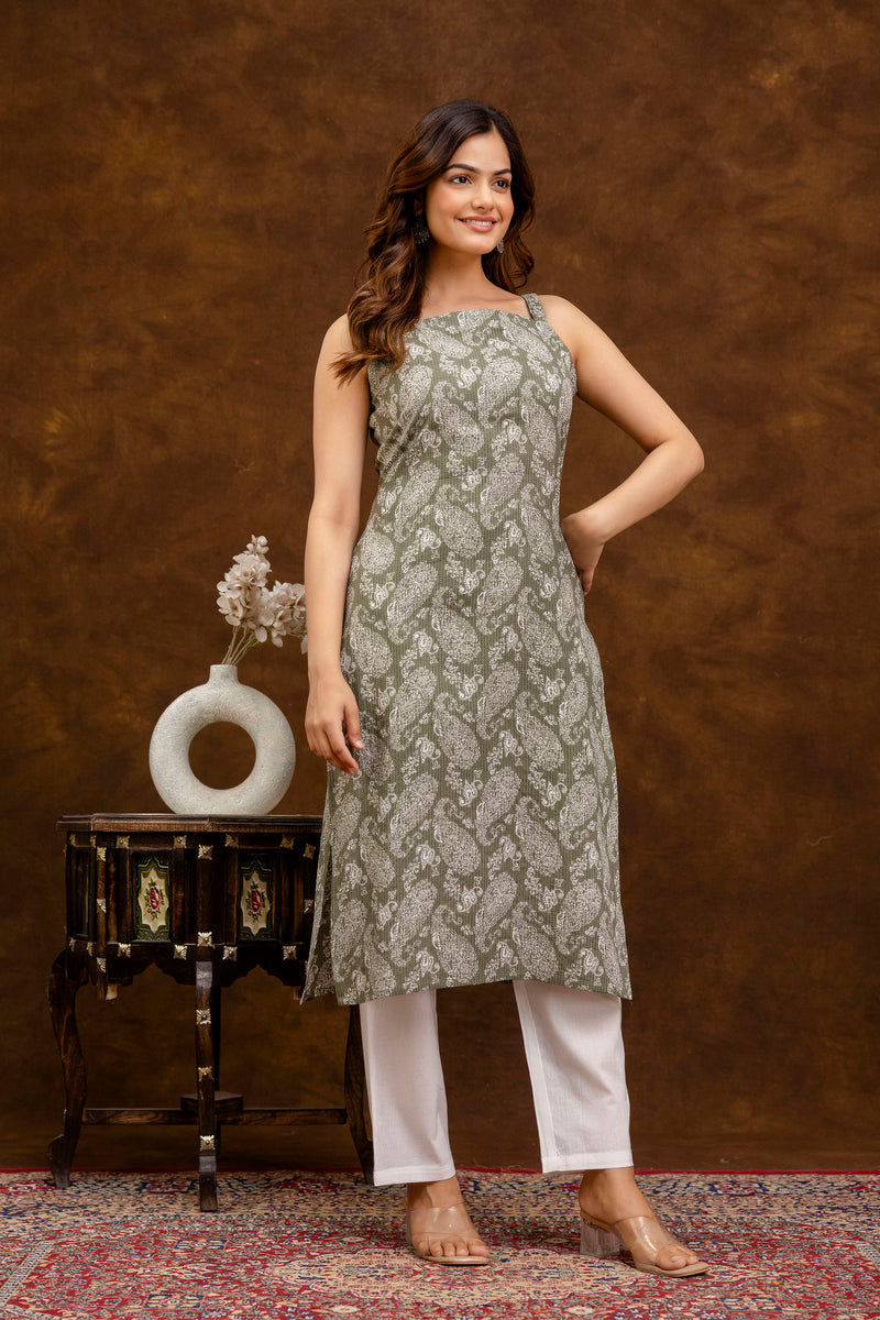 EthniFlair Paisley Printed Shoulder Straps Straight Kurta