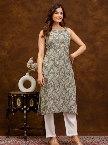EthniFlair Paisley Printed Shoulder Straps Straight Kurta